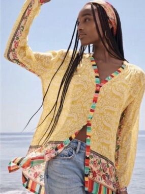 Johnny Was Millamo Blair Tunic L Yellow Floral Mixed Print Cupra Rayon Boho
